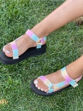 Pastel Rainbow Strap Platform Sandals for Women